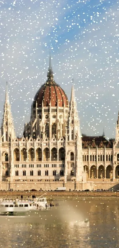 Budapest Parliament covered in snowflakes by the Danube River in winter.