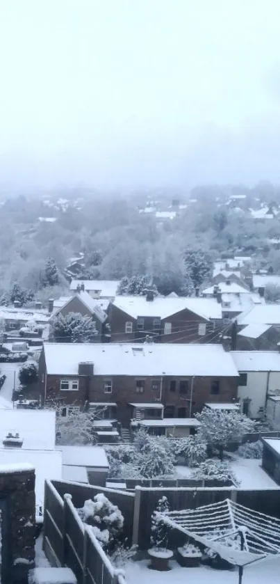 Snow-covered cityscape with misty winter sky.