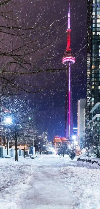 Snowy city night with vibrant tower and lights.