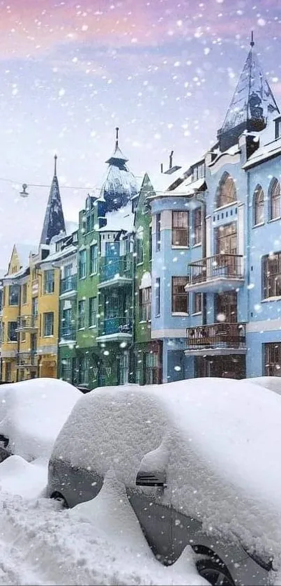 Snow-covered colorful street scene with vibrant buildings and winter sky.