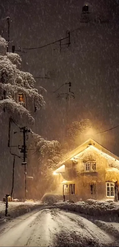 Snow-covered cottage warmly lit on a tranquil winter night scene.