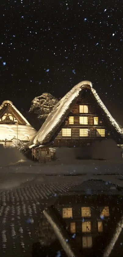 Snow-covered cottages under starry night sky with reflections.