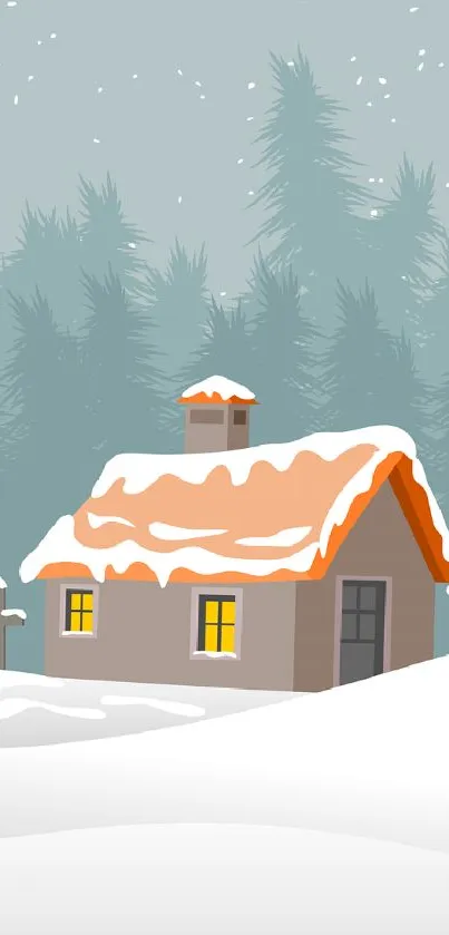 Illustrated snowy cottage in winter forest.