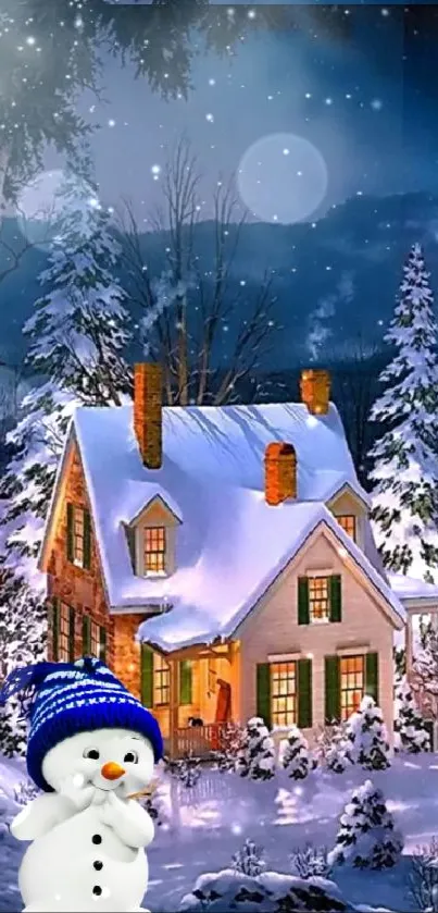 Snowy cottage with snowman in winter wonderland.