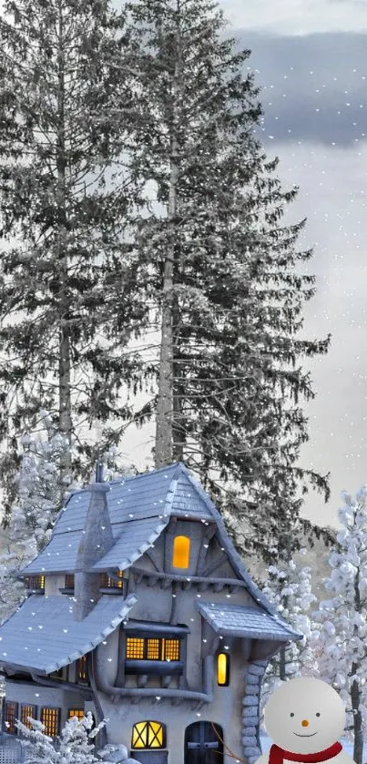 Snowy cottage and snowman in a winter forest.