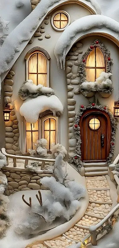 Snow-covered cottage with warm lights and a stone path.