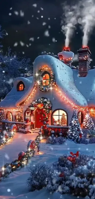 Snow-covered cottage with lights in winter setting.