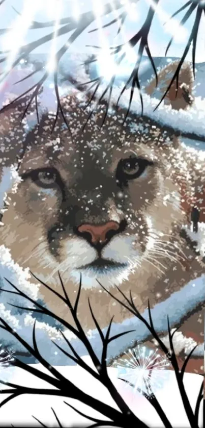 Majestic cougar in snowy winter scene on mobile wallpaper.