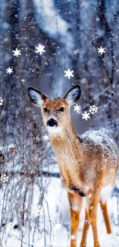 A deer stands gracefully in a snowy forest landscape.