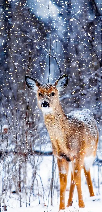 A lone deer stands in a snowy forest setting during winter.