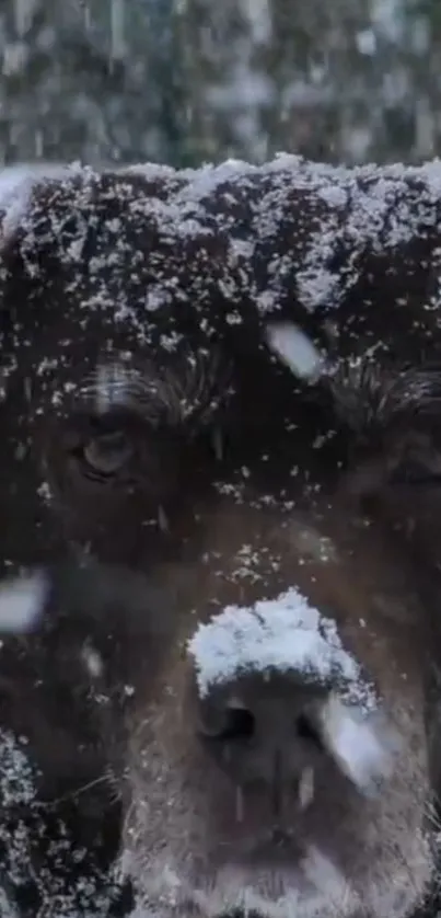 Black dog with snow covered face in winter.