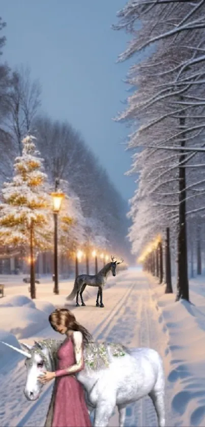 Snowy road with unicorn, maiden, and winter trees under a serene sky.