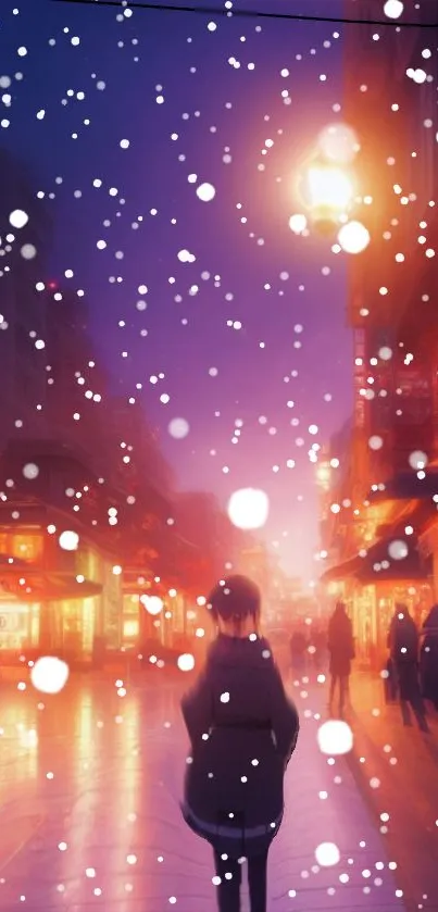 Snowy city evening scene with vibrant lights and falling snowflakes.