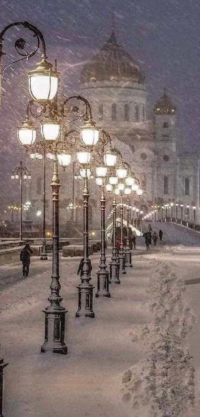 Snowy cityscape with vintage streetlamps illuminating a winter path.