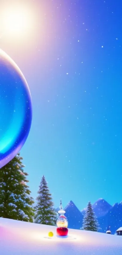 Whimsical snowy landscape with glowing elements on mobile wallpaper.