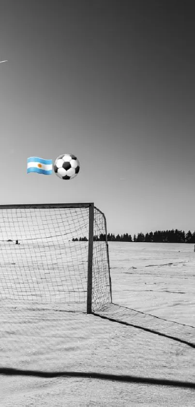 Monochrome soccer goal in snowy field with ball flying.