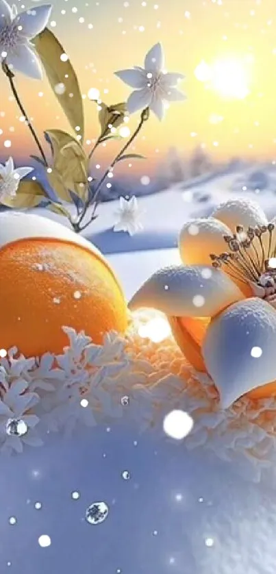 Orange and white flowers on snowy landscape at sunset.