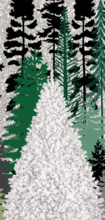 Snowy forest wallpaper with green and black trees on white background.