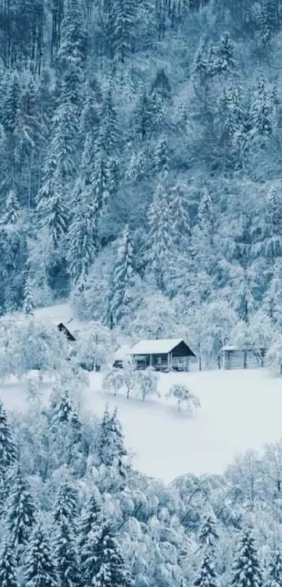 Snowy forest with a cozy cabin nestled within.