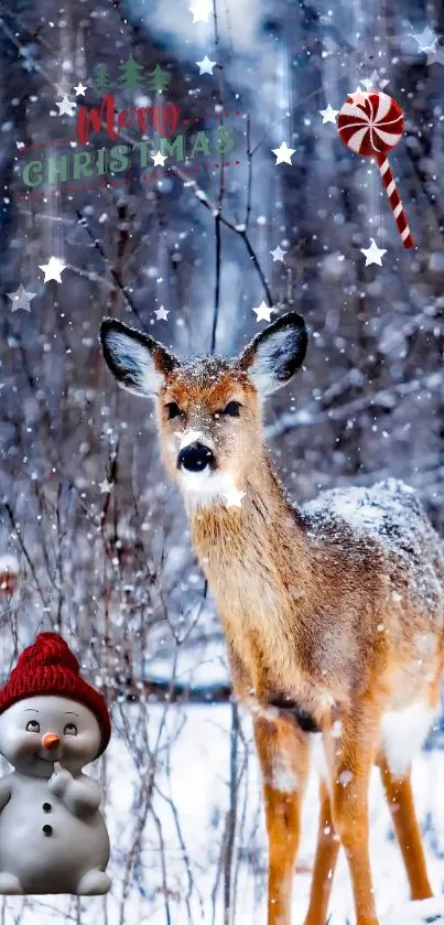 Deer in snowy forest with Christmas decorations.