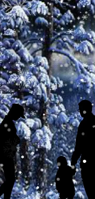 Snowy forest with family silhouette in winter night.