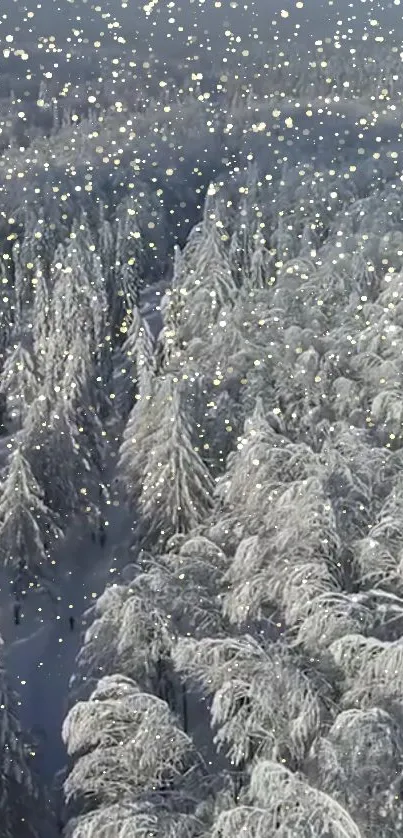 Snow-covered forest with falling snowflakes creating a serene winter scene.