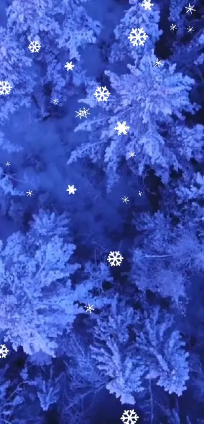 Blue snowy forest with falling snowflakes at night.