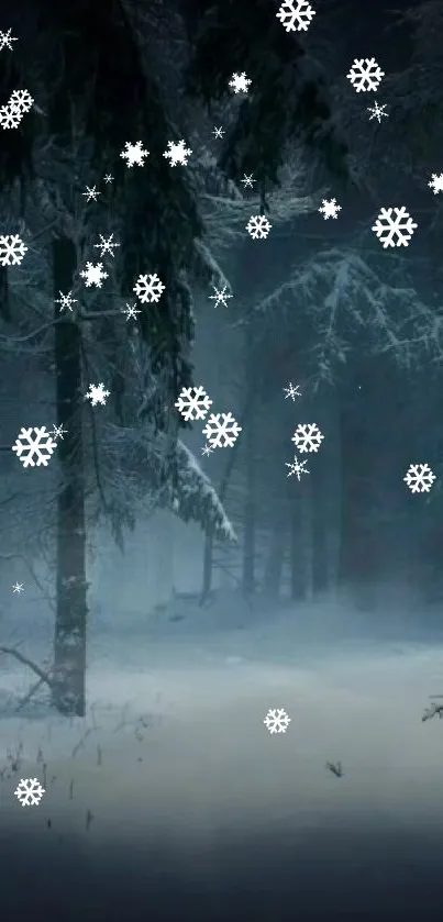 Serene snowy forest at night with falling snowflakes.