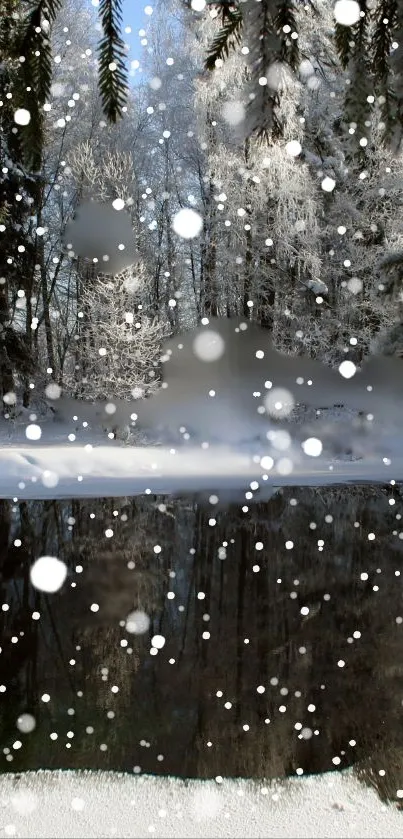 Serene snowy forest with lake reflection and falling snow.