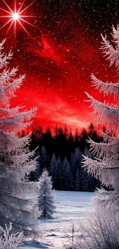 Snowy forest under a vibrant red starry sky.