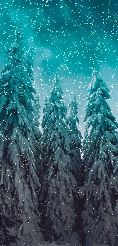 Snowy evergreen trees under teal sky with falling snow.