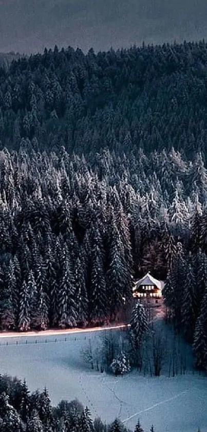 Snowy forest with cabin and twilight sky wallpaper.