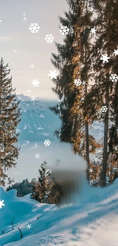 Snowy forest with trees and falling snowflakes in a winter wonderland setting.