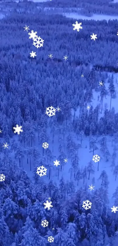 Snowy forest with falling snowflakes at dusk.