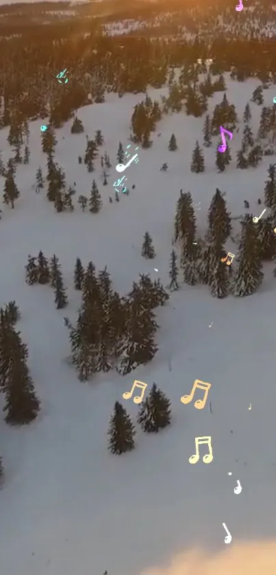 A snowy forest with vibrant musical notes floating in the air.