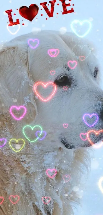 Golden retriever with 'Love' text in a snowy winter scene.