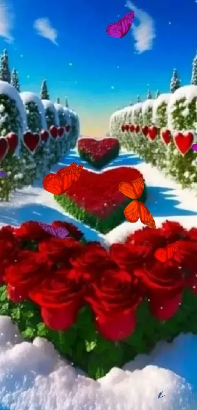 Snowy garden with heart roses and butterflies.