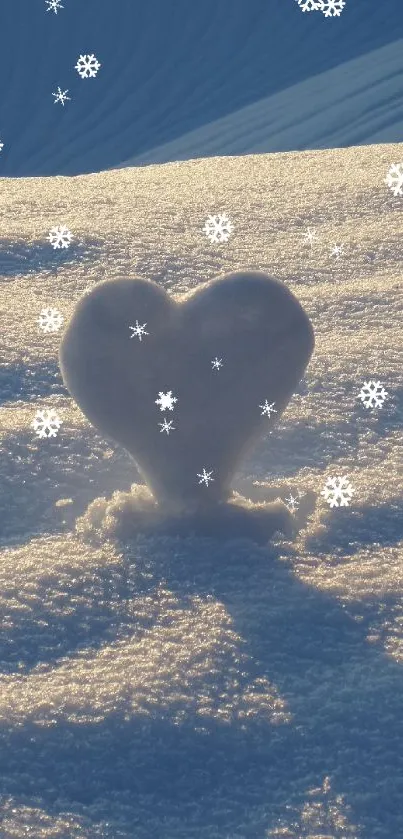 Heart-shaped snow against blue snowy landscape.