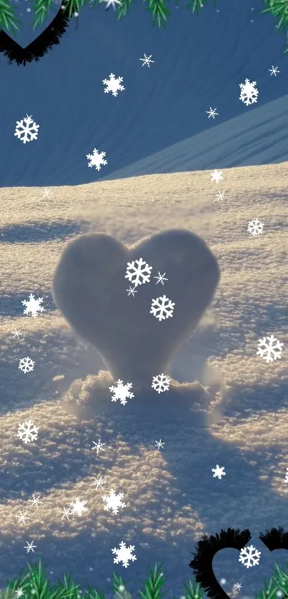 Heart-shaped snow with snowflakes in a serene winter landscape.