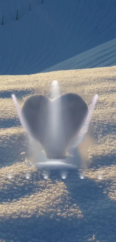 Heart-shaped ice sculpture in snowy landscape glowing with light.