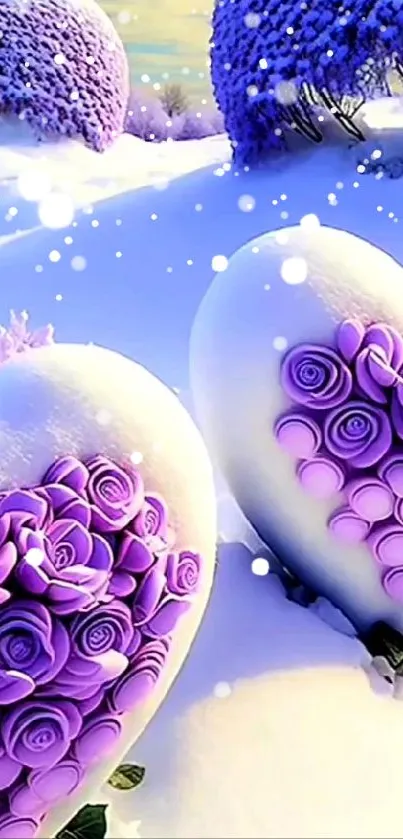 Snowy landscape with purple rose hearts.