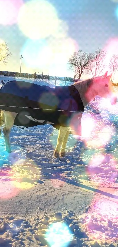 Horse in a snowy field under clear blue sky wearing a coat.