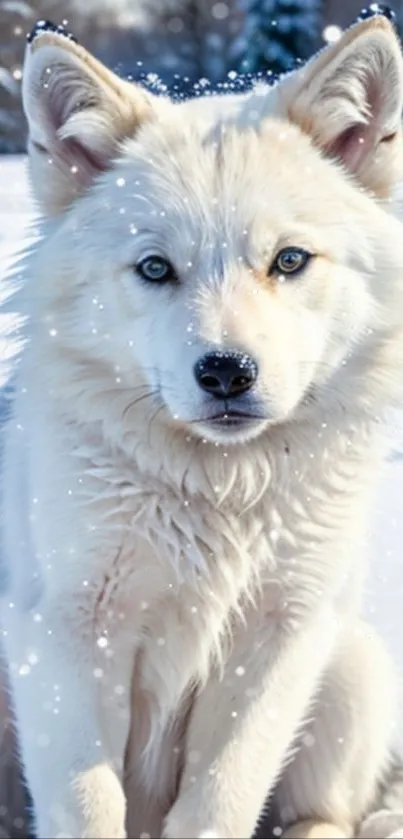 White husky sitting in a snowy landscape.