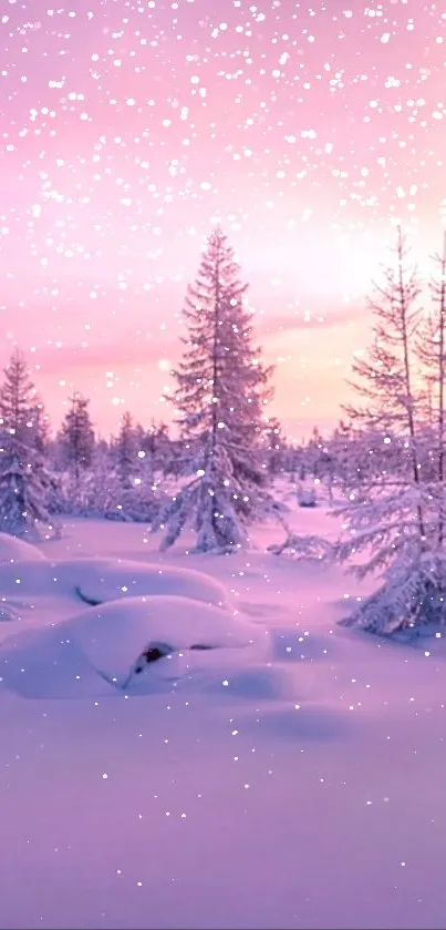 Snowy landscape with pink sky and falling snow at sunset.