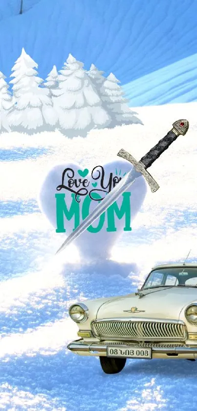 Snowy landscape wallpaper with vintage car and 'Love You Mom' heart.