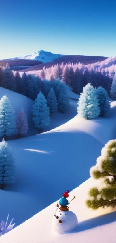 Snowy landscape with trees and snowman on a sunny day.