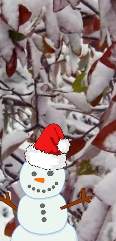 Snowman with red hat among snowy leaves on mobile wallpaper.