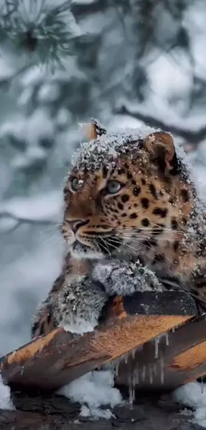 Snow-covered leopard lying on a branch in a wintery forest.