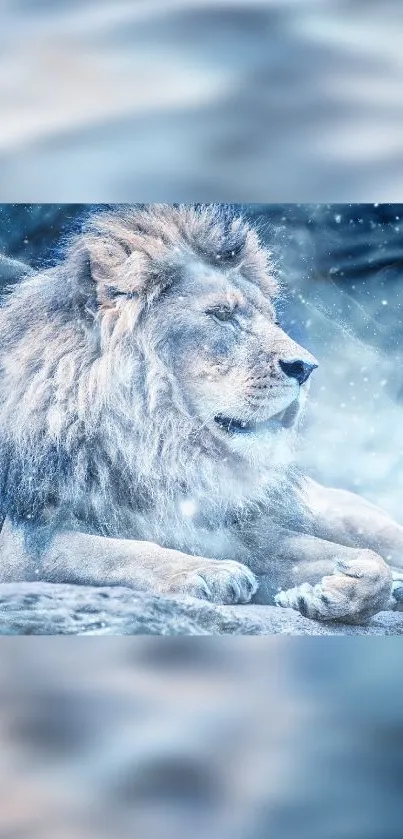 Majestic lion resting in snowy landscape, perfect for phone wallpaper.