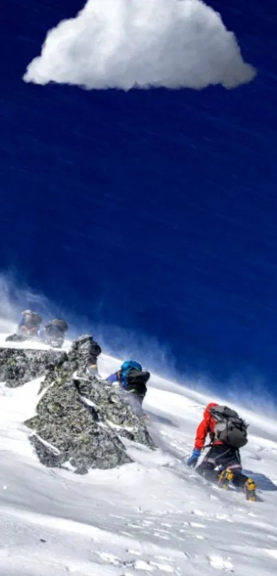 Climbers trek up a snowy mountain against a deep blue sky with a fluffy white cloud.